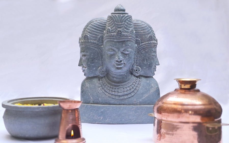 Trimurti | Brahma - Vishnu - Mahesh | Stone Sculpture 14" H - Sculptures - Indic Inspirations