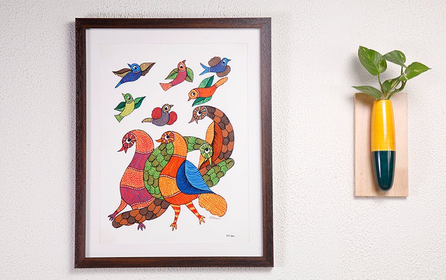 Birds | Gond Painting | A3 Frame - paintings - indic inspirations