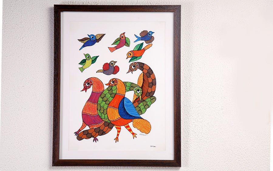 Birds | Gond Painting | A3 Frame - paintings - indic inspirations