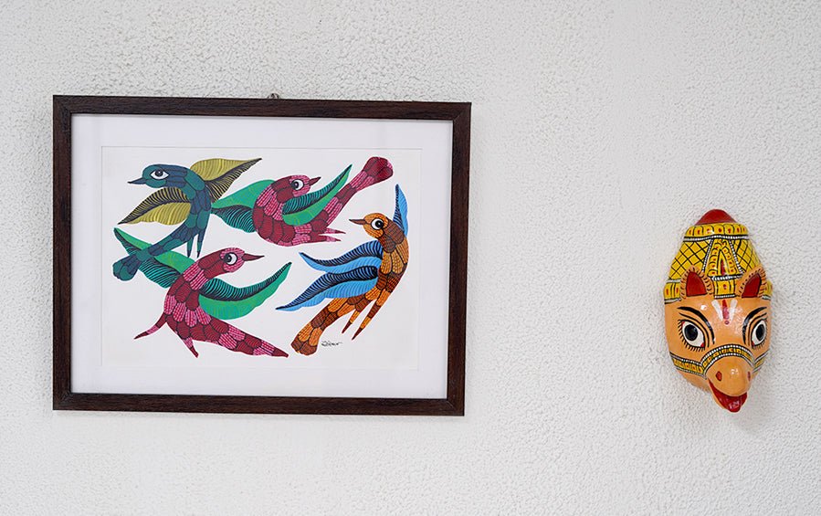 Birds | Gond Painting | A4 Frame - paintings - indic inspirations