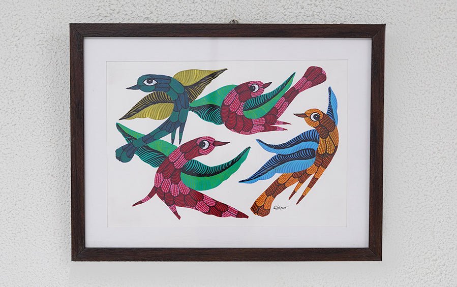 Birds | Gond Painting | A4 Frame - paintings - indic inspirations