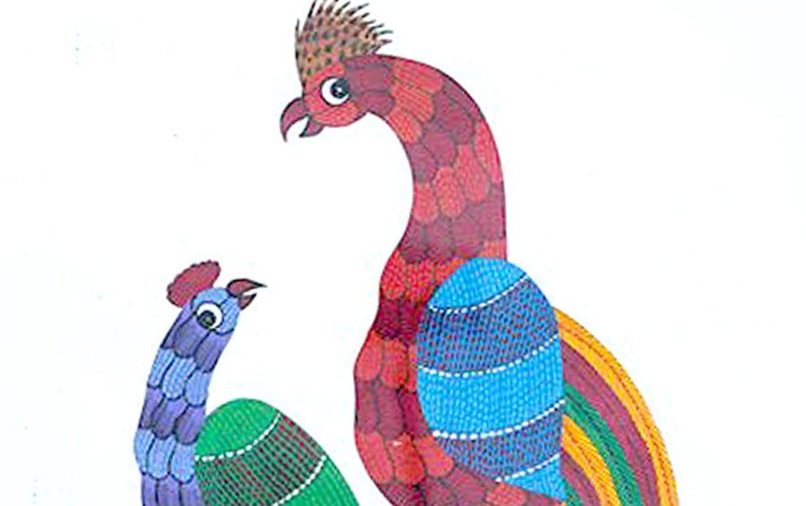 Cock & Hen | Gond Painting | A3 Frame - paintings - indic inspirations