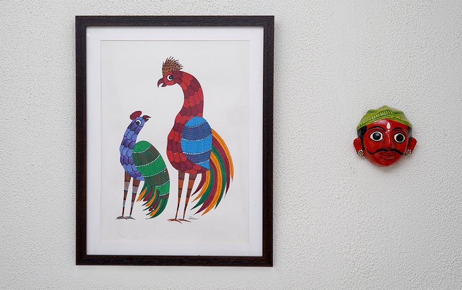 Cock & Hen | Gond Painting | A3 Frame - paintings - indic inspirations