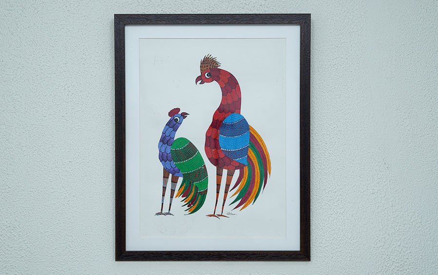 Cock & Hen | Gond Painting | A3 Frame - paintings - indic inspirations