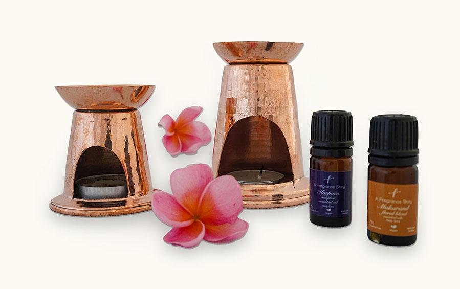 Copper Diffusers (2) + Floral Blend + Camphor Oils - Oil Diffusers - indic inspirations