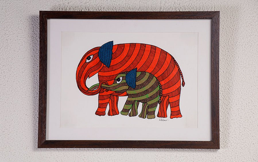 Elephant | Gond Painting | A4 Frame - paintings - indic inspirations