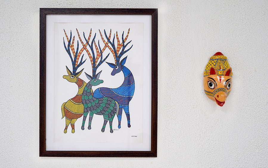 Family of Barasingha | Gond Painting | A3 Frame - paintings - indic inspirations