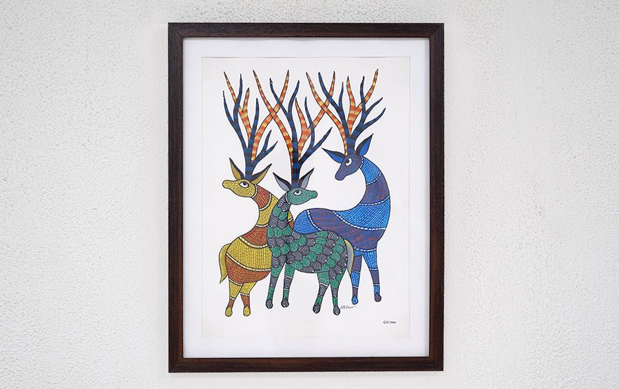 Family of Barasingha | Gond Painting | A3 Frame - paintings - indic inspirations