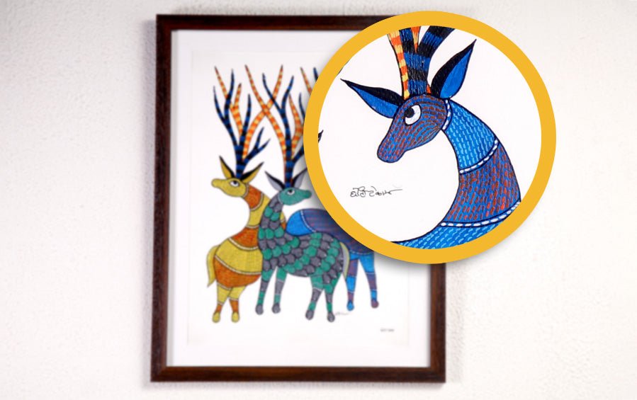 Family of Barasingha | Gond Painting | A3 Frame - paintings - indic inspirations