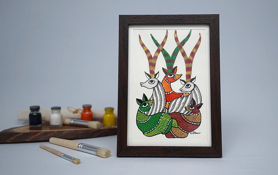 Family of Barasingha | Gond Painting | A5 Frame - paintings - indic inspirations