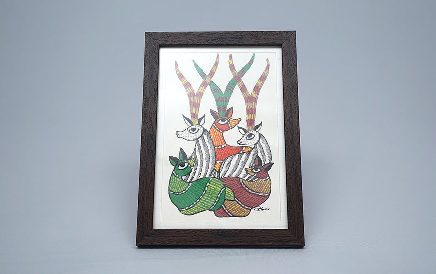 Family of Barasingha | Gond Painting | A5 Frame - paintings - indic inspirations