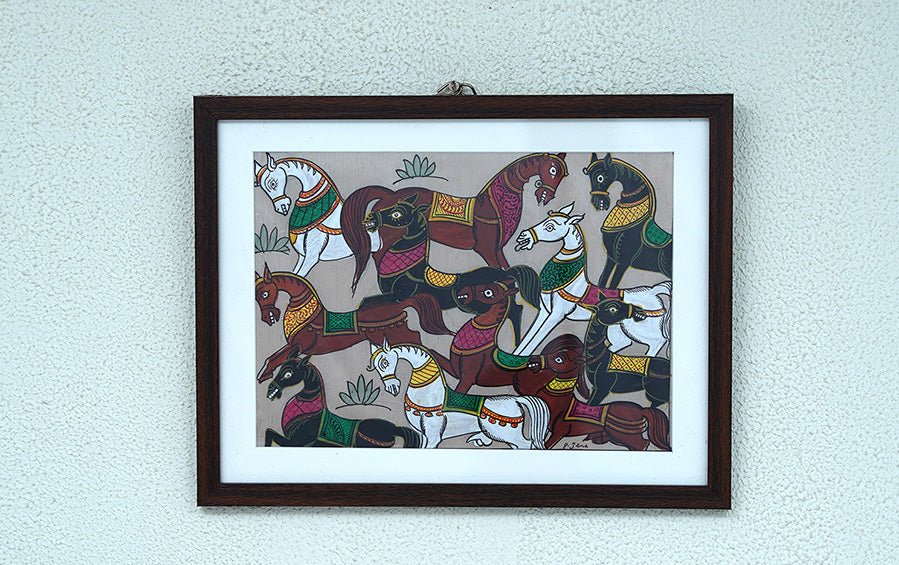 Horses | Odisha Pattachitra Painting | A4 Frame - paintings - indic inspirations