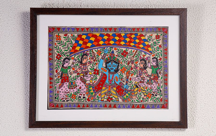 Krishna Leela - Gowardhan Parvat | Madhubani Painting | A4 Frame - paintings - indic inspirations