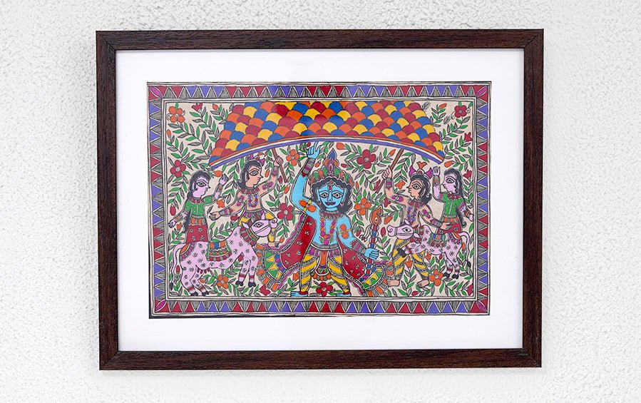 Krishna Leela - Gowardhan Parvat | Madhubani Painting | A4 Frame - paintings - indic inspirations