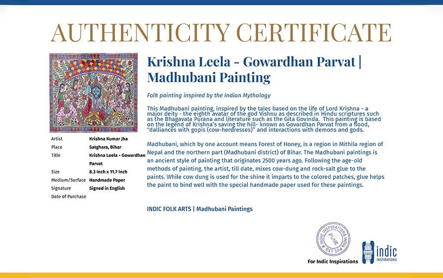 Krishna Leela - Gowardhan Parvat | Madhubani Painting | A4 Frame - paintings - indic inspirations