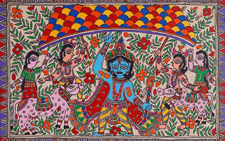 Krishna Leela - Gowardhan Parvat | Madhubani Painting | A4 Frame - paintings - indic inspirations