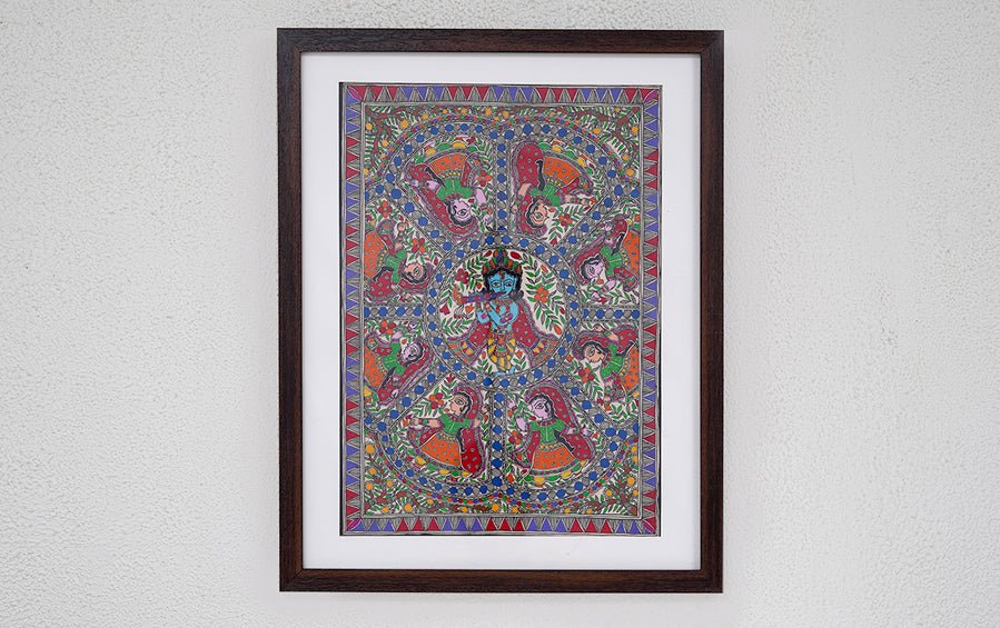 Krishna Leela | Madhubani Painting | A3 Frame - paintings - indic inspirations