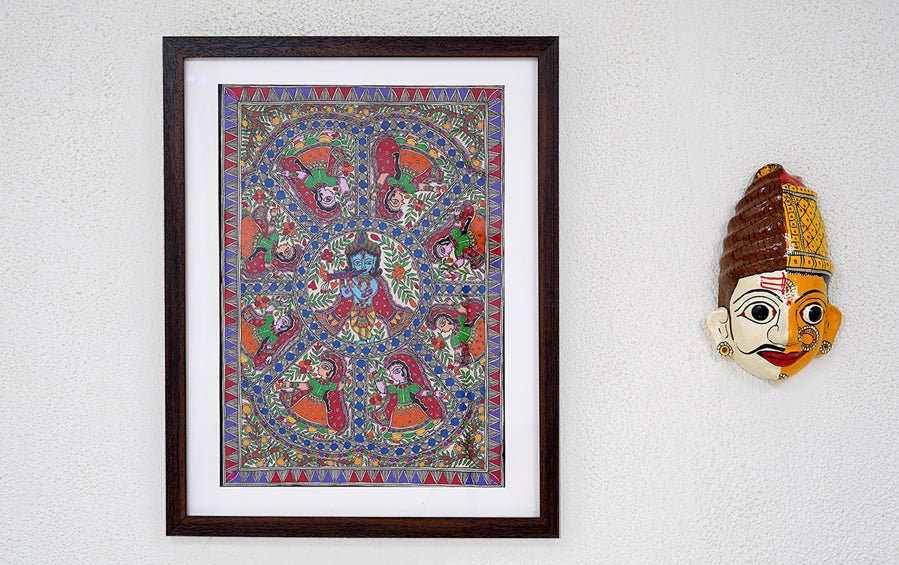 Krishna Leela | Madhubani Painting | A3 Frame - paintings - indic inspirations