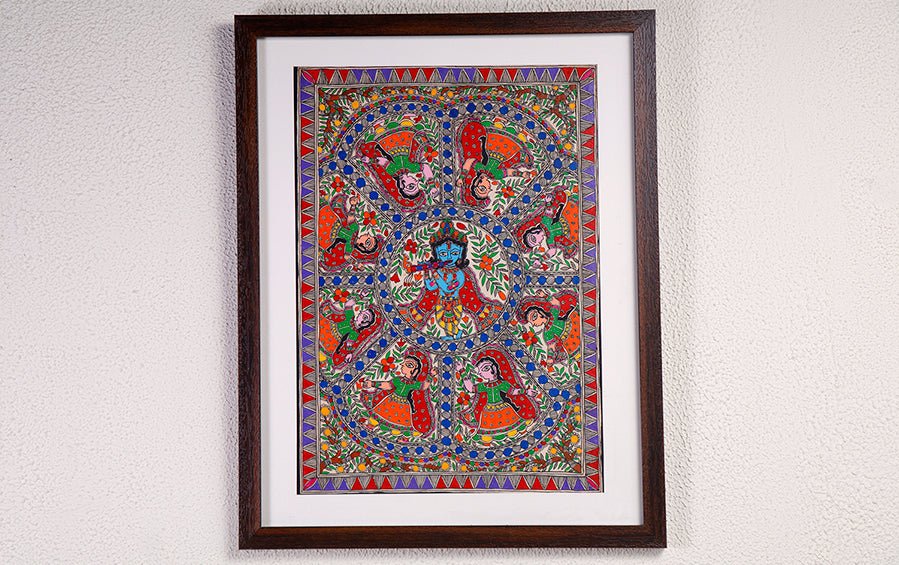 Krishna Leela | Madhubani Painting | A3 Frame - paintings - indic inspirations