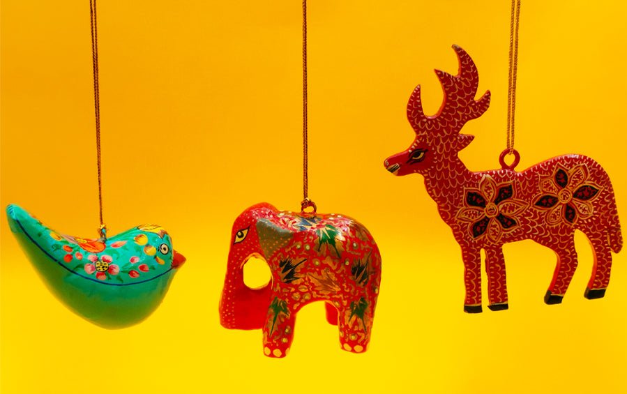 Paper Mache Hanging Bird and Animals Set of 3 - Christmas Gift Sets - indic inspirations