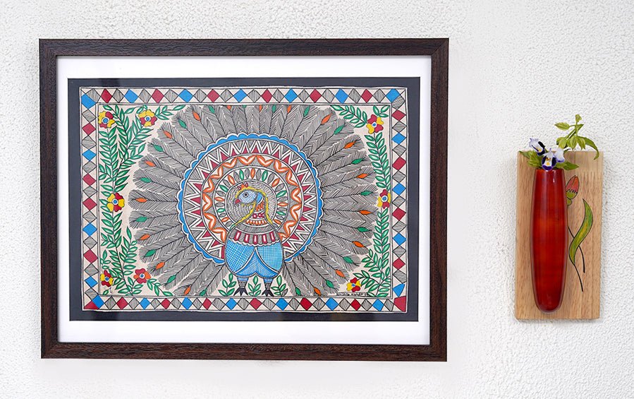 Peacock | Madhubani Painting | A3 Frame - paintings - indic inspirations