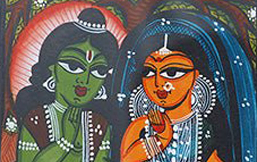 Ram, Sita, Lakshman | Bengal Patachitra Painting | A5 Frame - paintings - indic inspirations