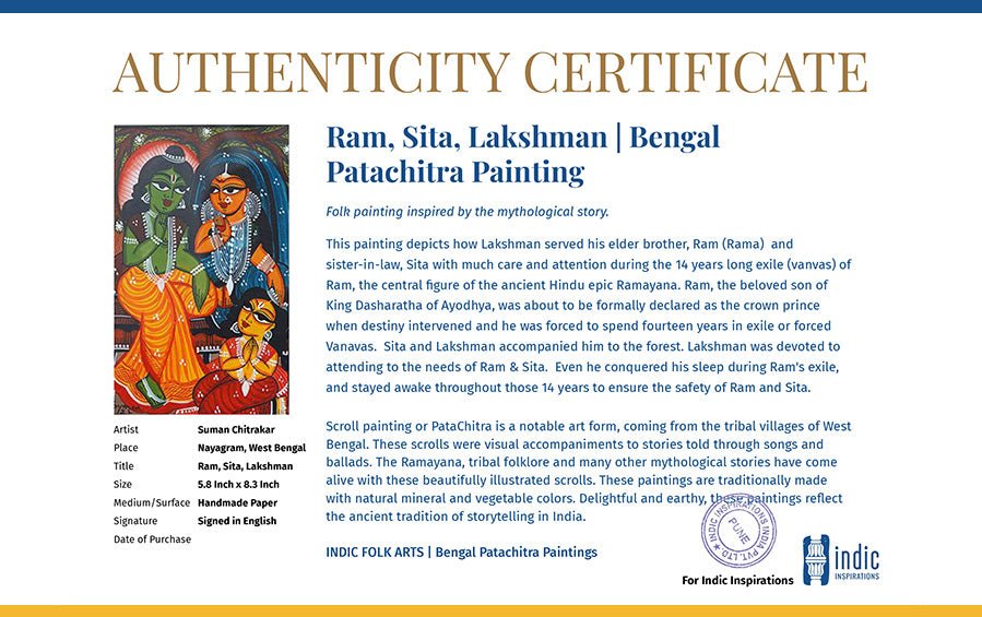 Ram, Sita, Lakshman | Bengal Patachitra Painting | A5 Frame - paintings - indic inspirations