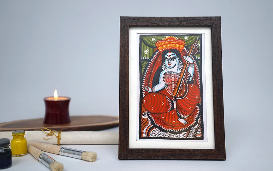 Saraswati | Bengal Patachitra Painting | A5 Frame - paintings - indic inspirations