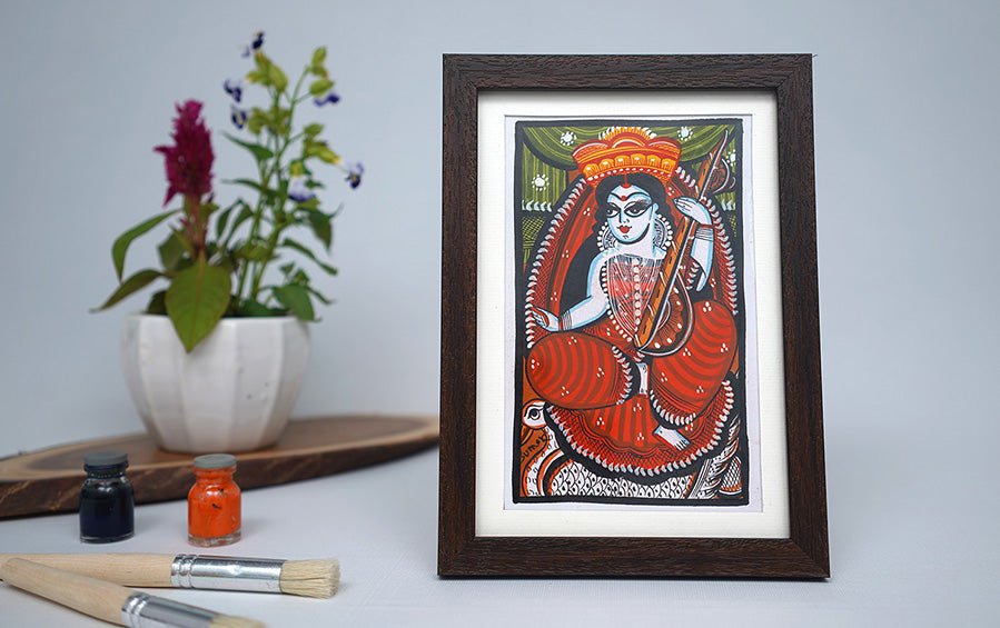 Saraswati | Bengal Patachitra Painting | A5 Frame - paintings - indic inspirations